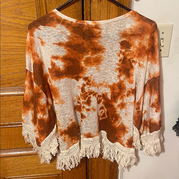Women’s Orange Tie-Dye Fringe Short Kimono - Picture 3 of 6